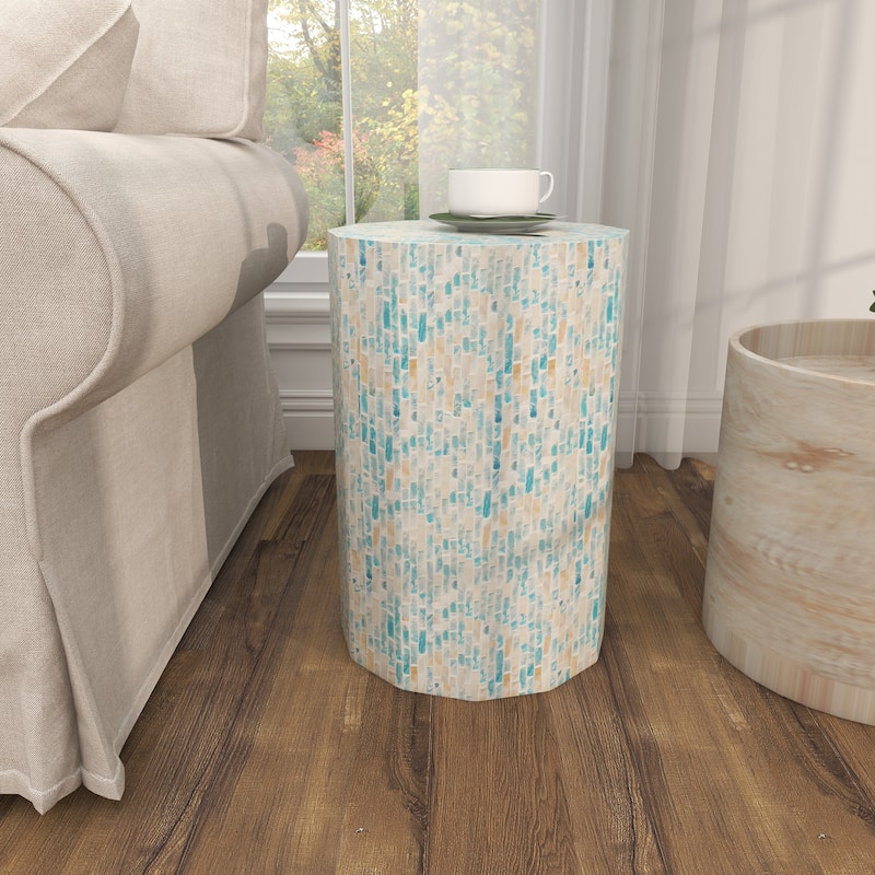 Blue Mother of Pearl Shell Handmade Mosaic Inlay Drum Accent Table