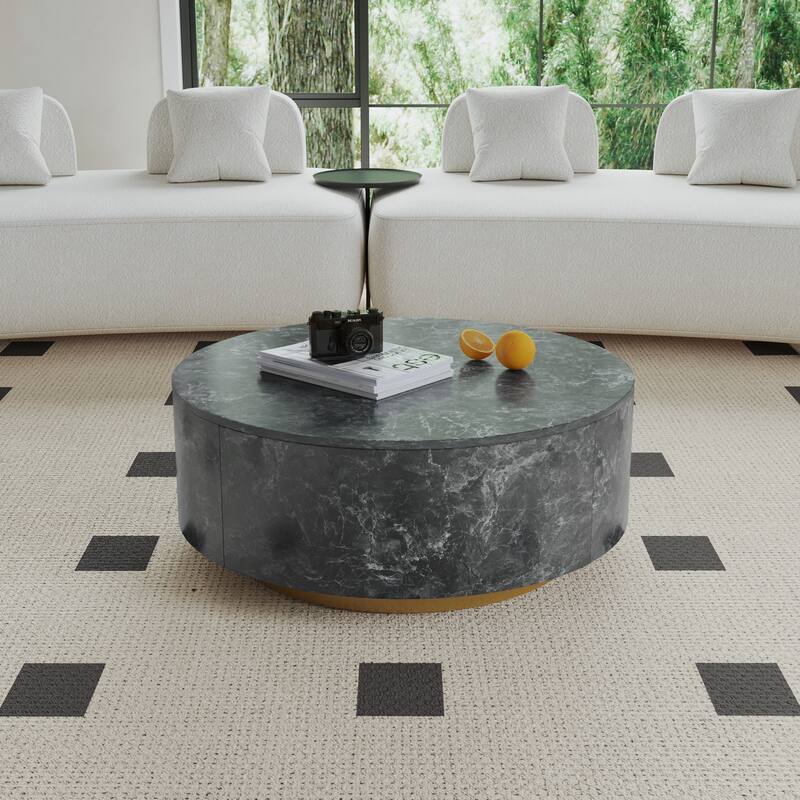 Modern Faux Marble Round Coffee Table Center Table with 2 Drawers, Fully Assembled - Dark Grey