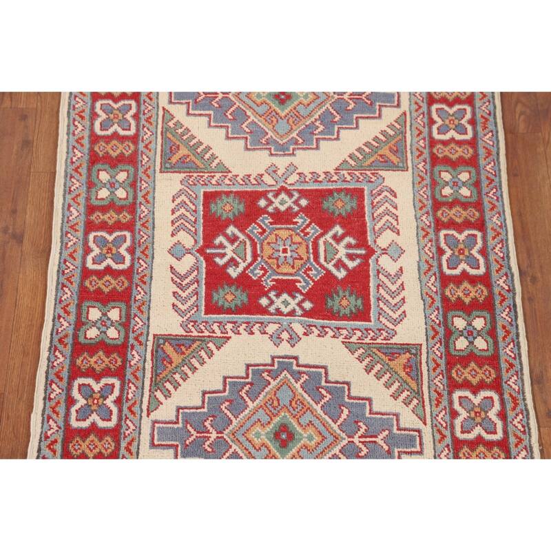 Ivory Geometric Kazak Accent Rug Hand-Knotted Wool Carpet - 2'7" x 4'3"