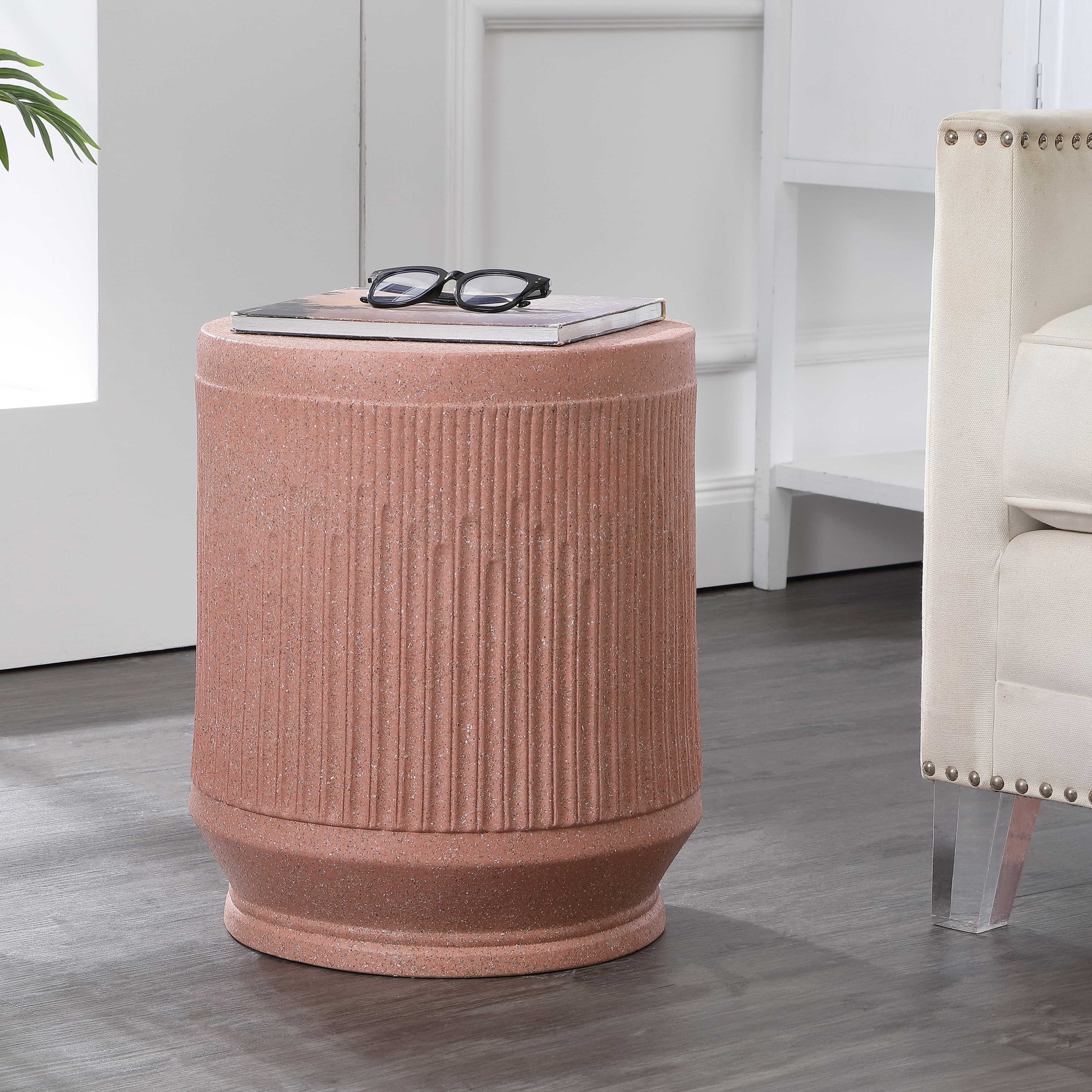 Kline Modern Ribbed UV-Resistant Resin Outdoor Accent Table, All-Weather Patio Drum Side Table & Garden Stool