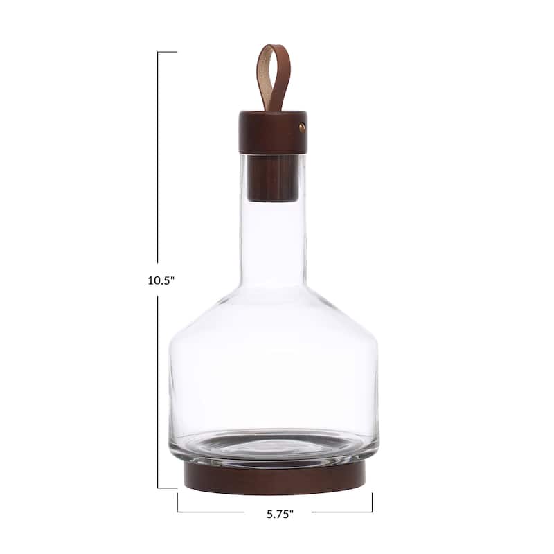 Glass Carafe with Acacia Wood Base, Stopper, and Leather Pull - 5.9"L x 5.9"W x 10.5"H - 5.9"L x 5.9"W x 10.5"H