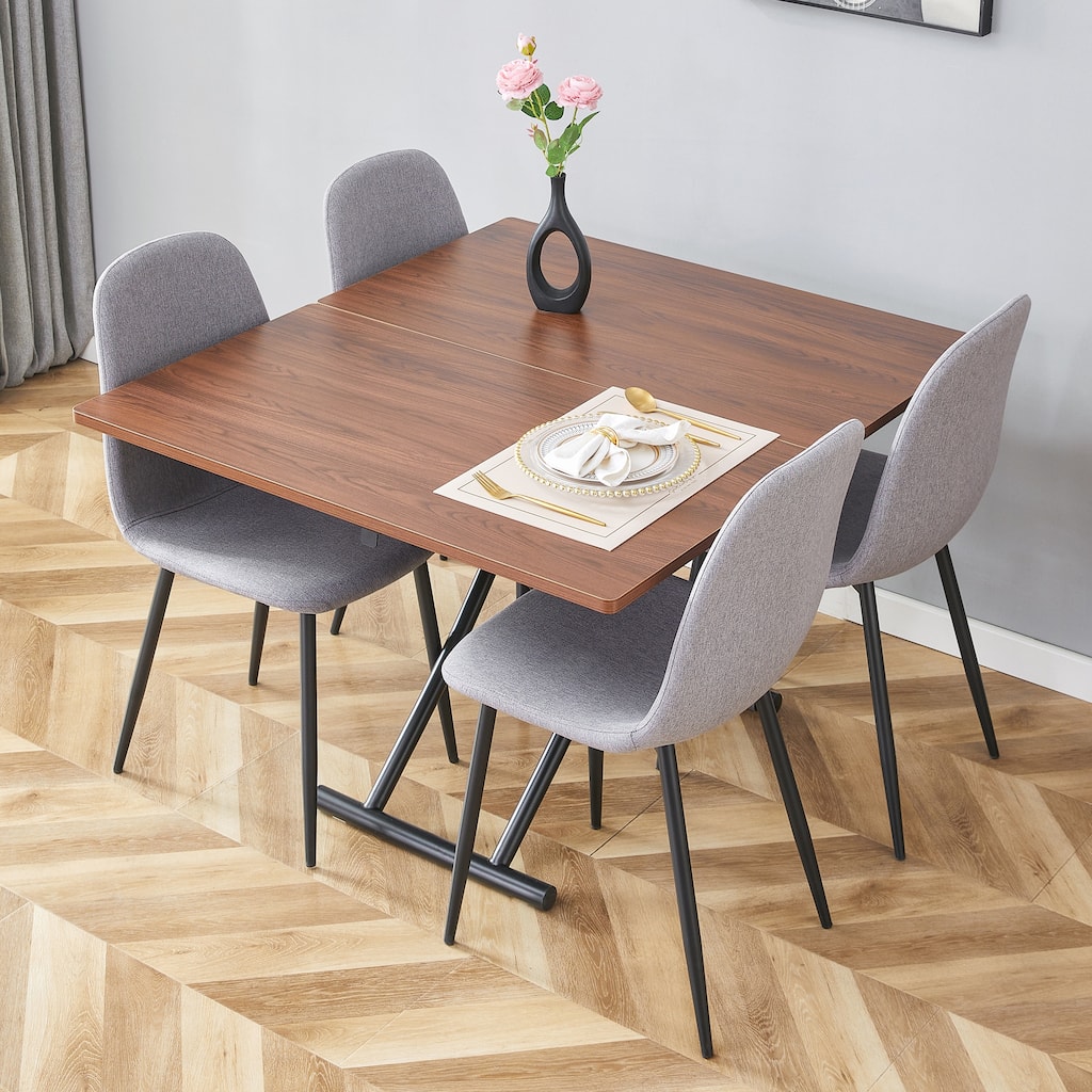 5-Piece Modern Lift Top Dining Table Set, Square Folding Wood Table with Metal Legs & 4 Linen Chairs for Small Spaces