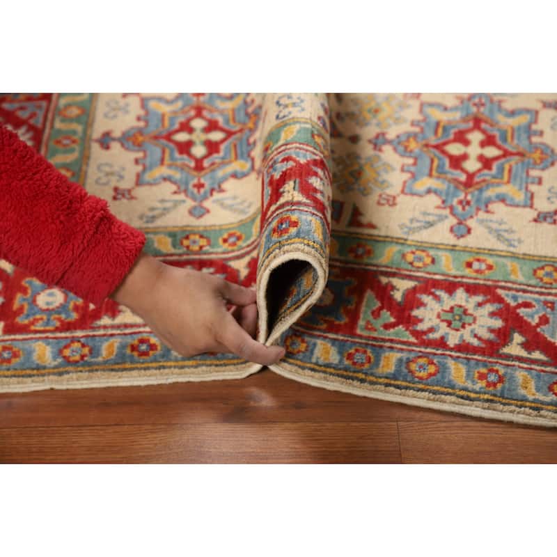 Geometric Kazak Foyer Rug Hand-Knotted Beige Wool Carpet - 2'9"x 3'11"
