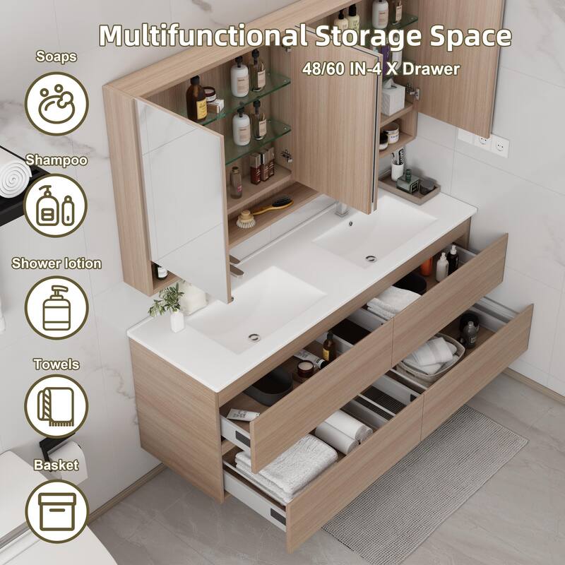 CB HOME 24''/30''/36''/48''/60'' Wall Mounted Bathroom Vanity with Sink, OAK Floating Bathroom Vanity Cabinet with Sink,Drawers.