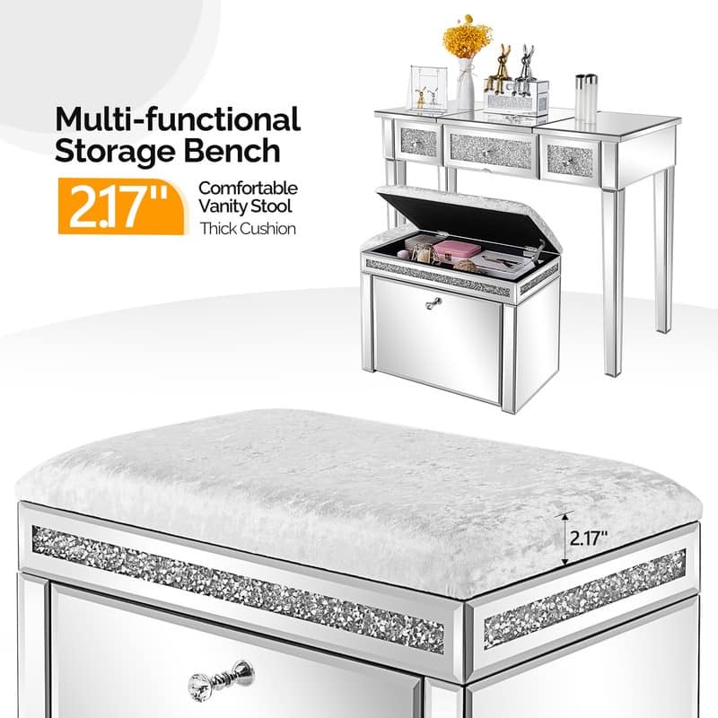 Pre-Assembled Mirrored Shoe Storage Bench with Flip Drawer Silver