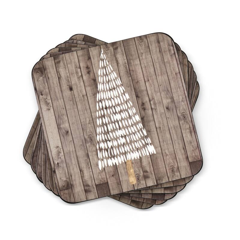 Pimpernel Set of 6 Wooden White Christmas Coasters - 4" L x 4" W - Brown - 4" L x 4" W