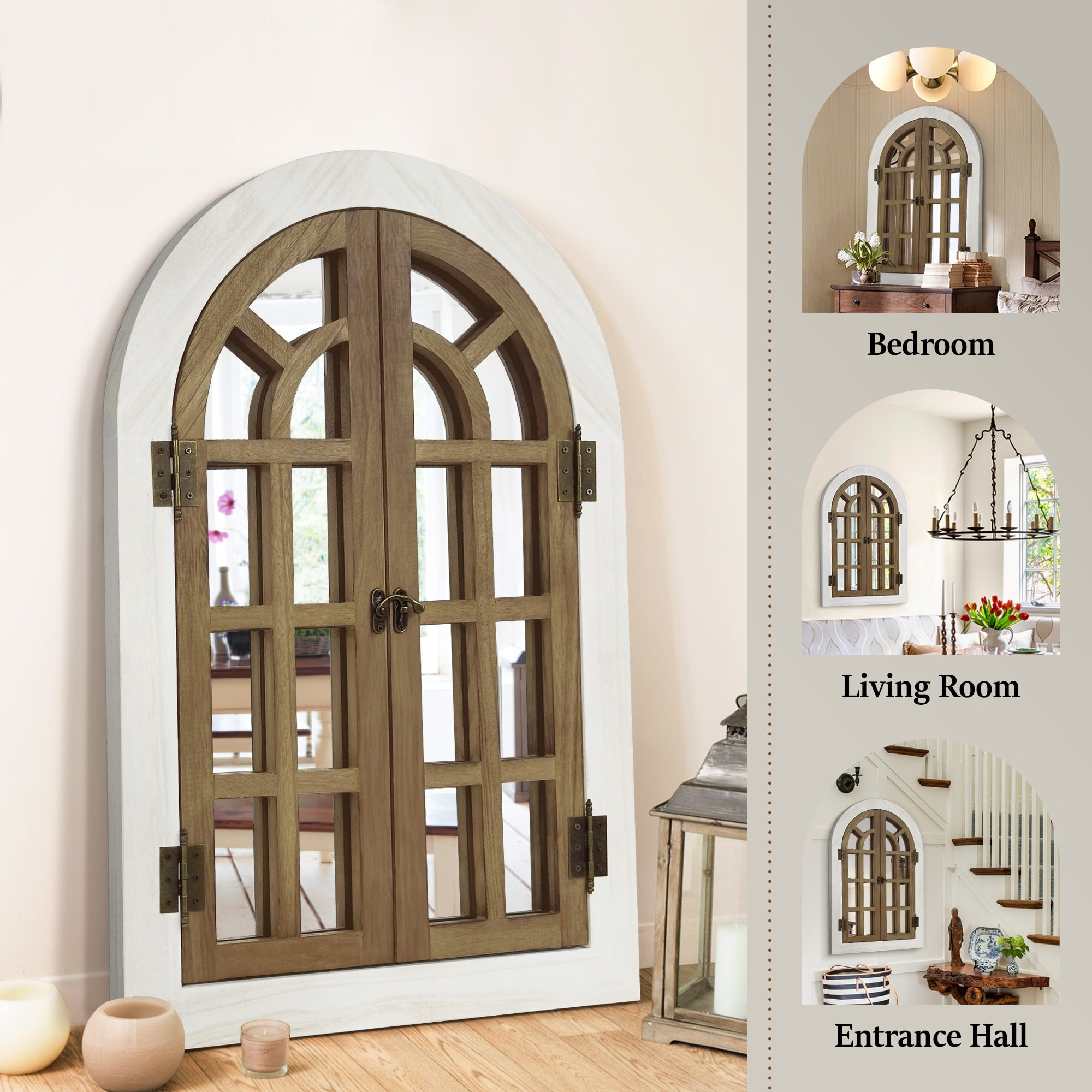 как выглядит Vintage Wood Windowpane Arched Wall Mirror фото