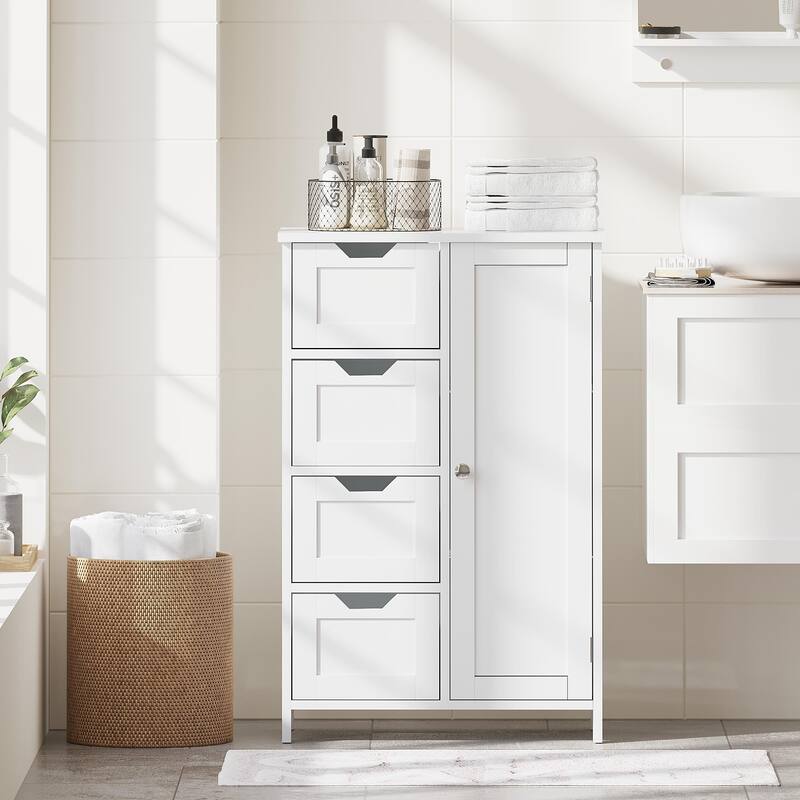Bathroom Storage Cabinet with 4 Drawers and 1 Door, Freestanding Wooden Floor Organizer, Storage Cabinet for Small Spaces - White