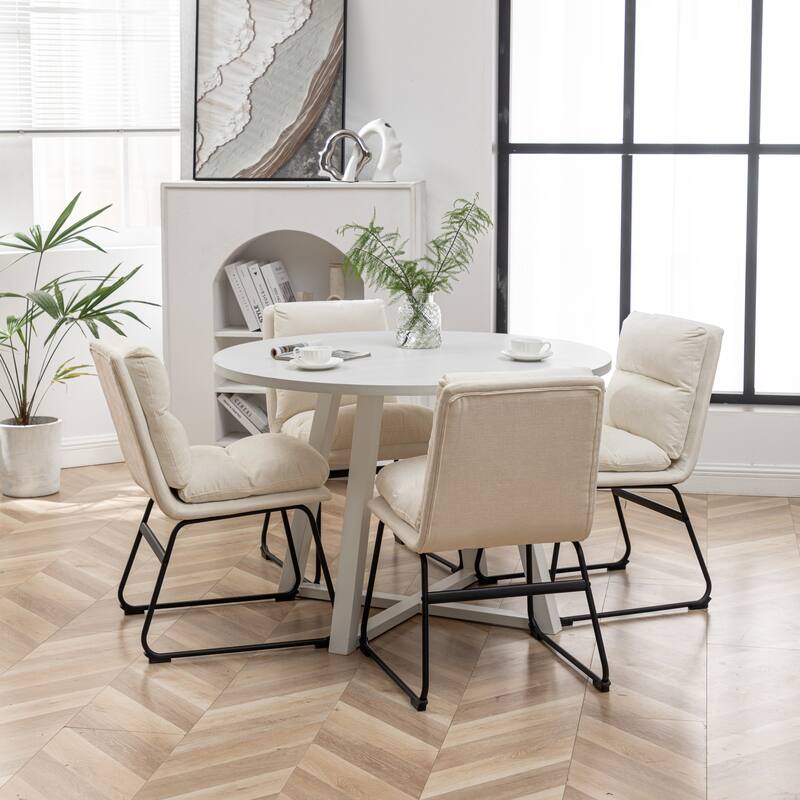 Modern 5-Piece Round Dining Table Set - Faux Leather & Polyester Blend Chairs, Sleek Trestle Base Design