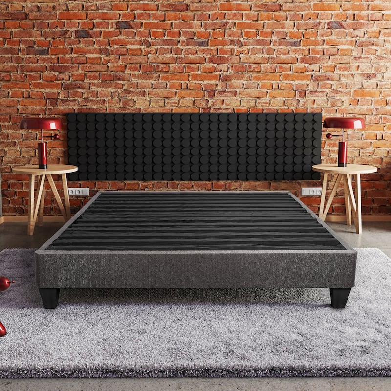 King Size Upholstered Platform Bed Frame with Headboard Attachment, Dark Grey