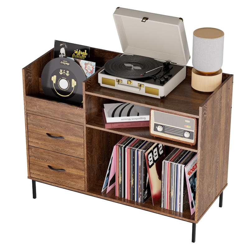Mid-Century Modern Record Player Stand for 500+ Vinyls - Wood & Metal Audio Console with Storage & Drawers