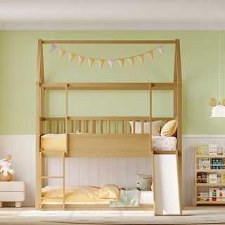 Twin Size House Bunk Bed with Slide and Ladder, Low Profile Wooden Frame with Guardrails, Convertible Entry Options