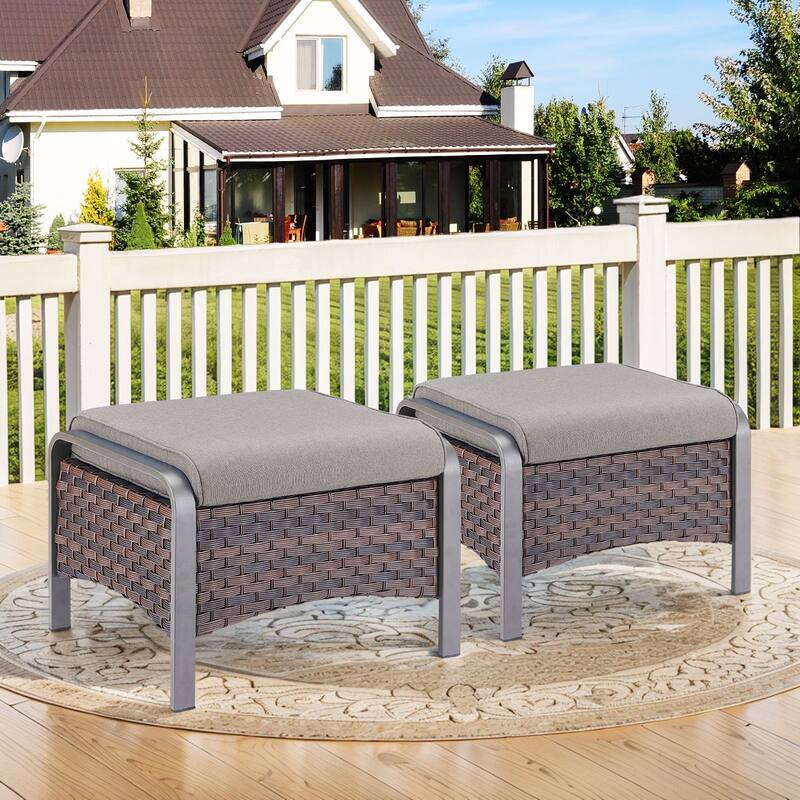 Gymojoy Industrial Style Outdoor Wicker Patio Ottomans Set of 2