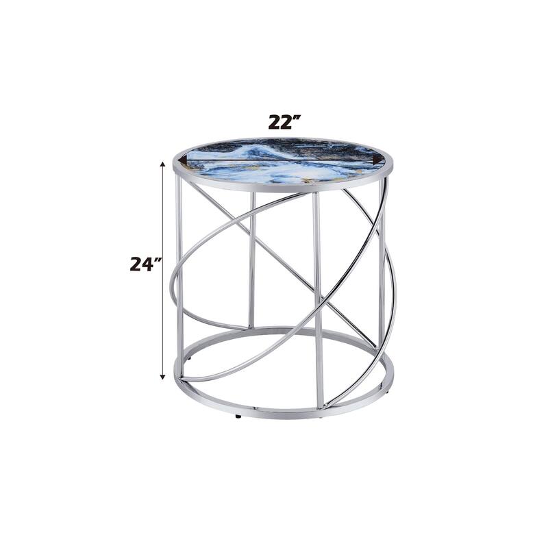 Lyda Blue Marble Print & Chrome Finish End Table - MDF - Blue
