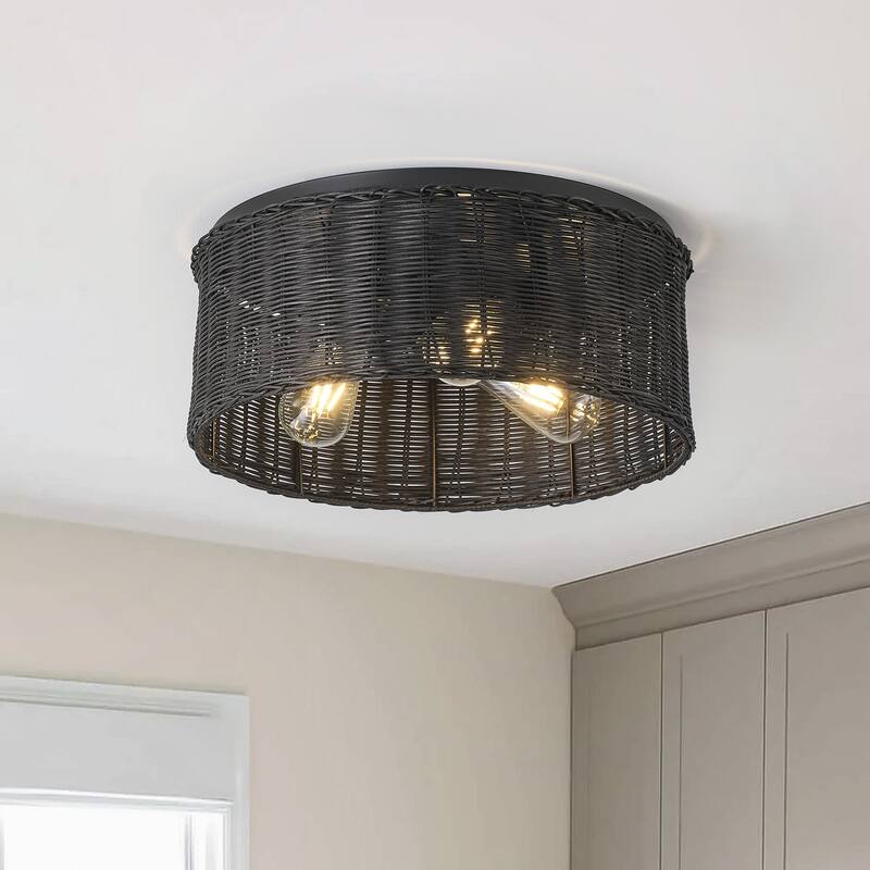 Farmhouse Hand-Woven Rattan 3-Light Drum Flush Mount Ceiling Light