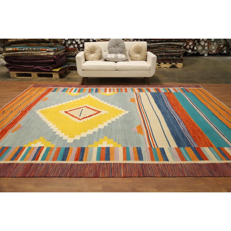 Hand Woven Oriental 100% Wool Carpet Southwestern Tribal Multi-Colored Kilim Area Rug - 11' 8'' X 9' 1''