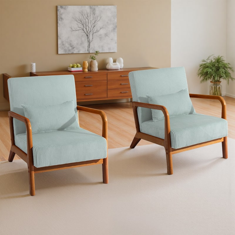 Modern Corduroy Upholstered Accent Chair with Wood Legs Set of 2 - Brown Frame - Light Blue/Natural