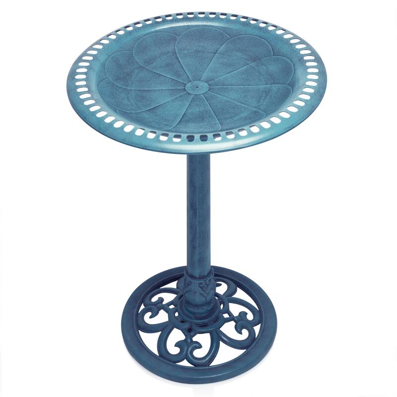 Blue Pedestal Birdbath with Scrollwork Base and Ground Stakes