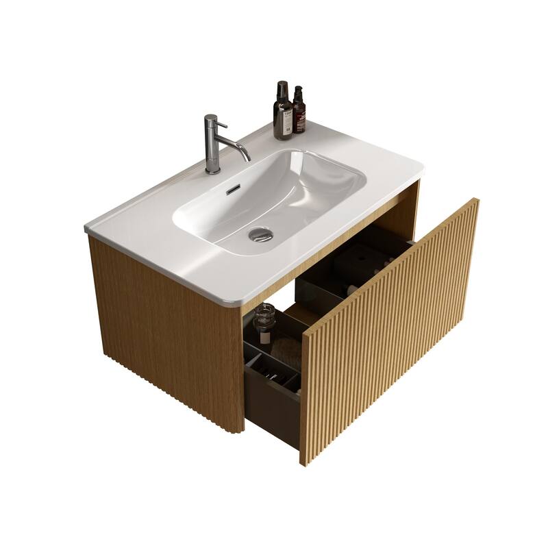 24 Inch Striped Walnut Bathroom Vanity with White Ceramic Sink,Wall Mounted Floating Bathroom Vanity for Modern Bathroom