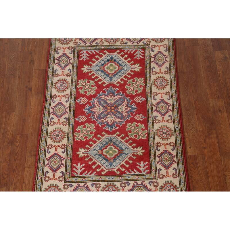 Geometric Red Kazak Accent Rug Handmade Wool Carpet - 2'8" x 4'1"