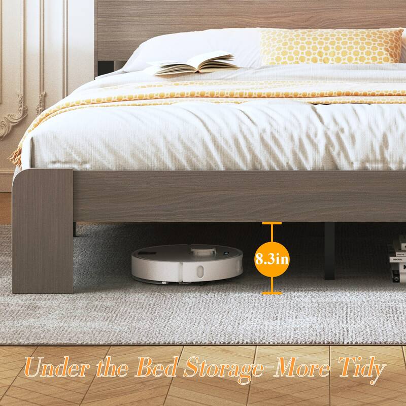 Bed Frame Queen Size, Wood Platform Bed Frame with Storage LED Light Headboard and 2 USB, Noise Free, Large Under Bed Storage
