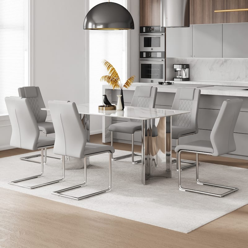 Modern 7-Piece Dining Table and Chair Set, 63" Faux Marble Glass Table with Stainless Steel Legs and PU Dining Chair