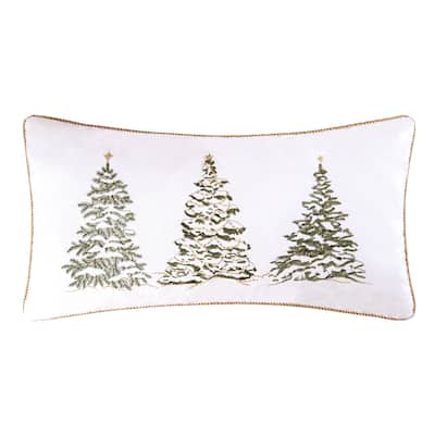 Golden Greenery White Christmas Cotton Embroidered Accent Pillow, 12" x 24"