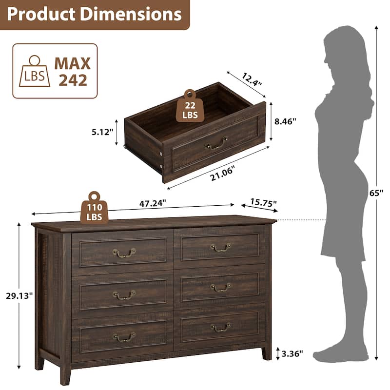 Farmhouse 6 Drawer Dresser for Bedroom, Vintage Dresser with Antique Handles
