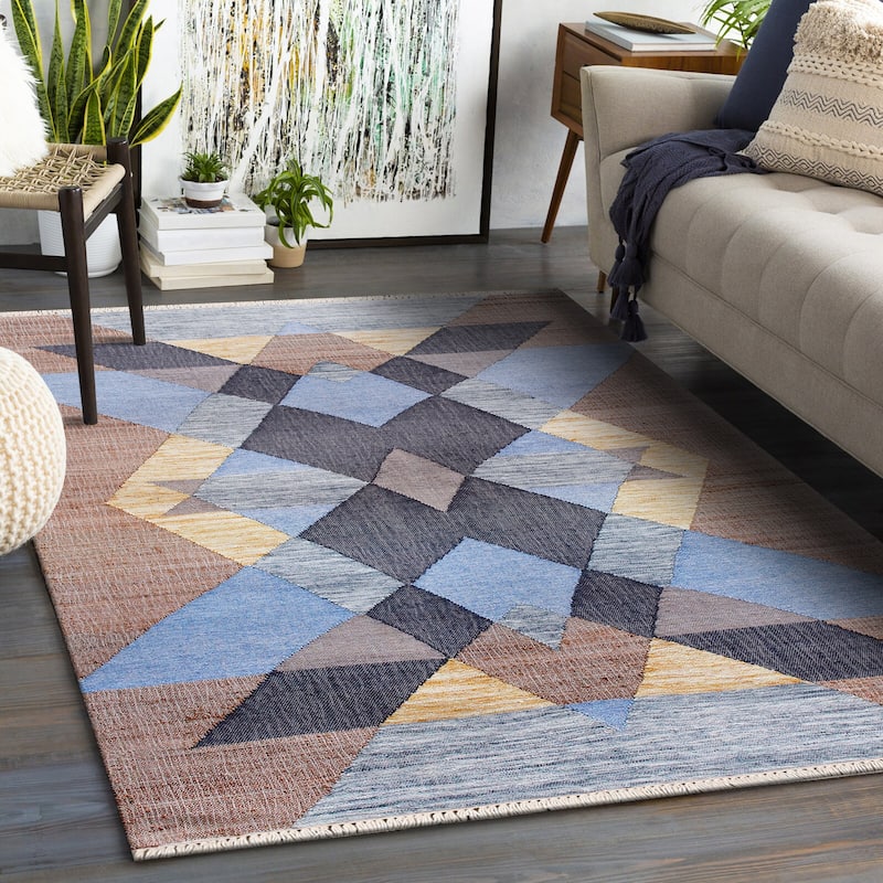 Sevita Hand-Woven Southwestern Jute-Blend Area Rug, Tan and Light Blue
