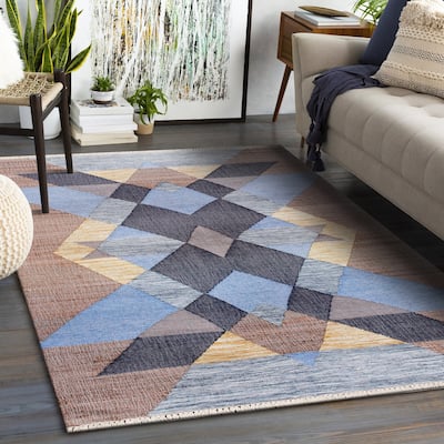 Sevita Hand-Woven Southwestern Jute-Blend Area Rug, Tan and Light Blue