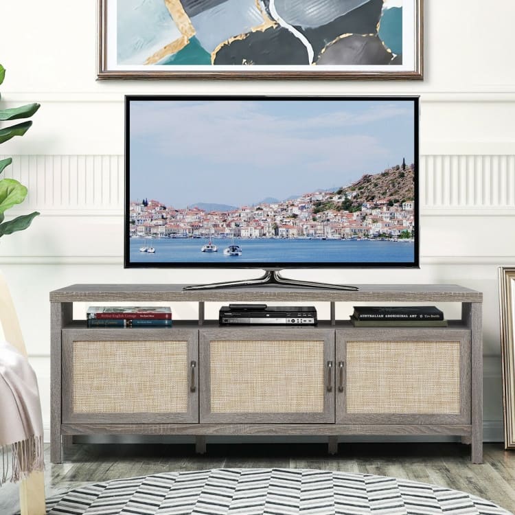 TV Entertainment Center for 65-Inch TVs with Solid Wood Legs and Shelves - 62" x 17.5" x 24.5"