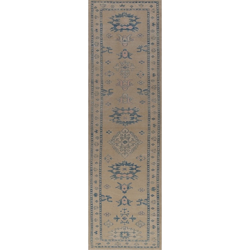Hand Knotted Oriental 100% Wool Carpet Transitional Geometric Beige & Ivories Oushak Runner Rug - 14' 2'' X 3' 4''