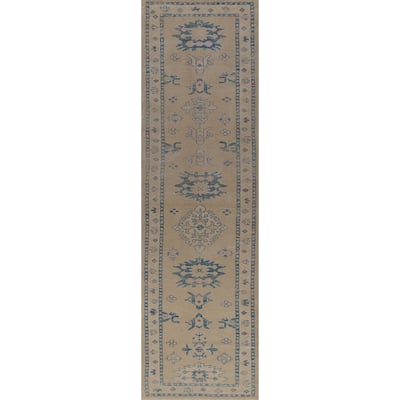 Hand Knotted Oriental 100% Wool Carpet Transitional Geometric Beige & Ivories Oushak Runner Rug - 14' 2'' X 3' 4''