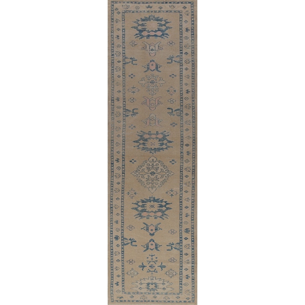 Hand Knotted Oriental 100% Wool Carpet Transitional Geometric Beige & Ivories Oushak Runner Rug - 14' 2'' X 3' 4''