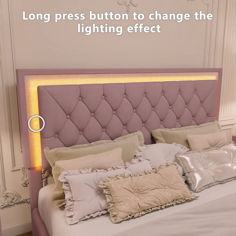 Full Upholstered Bed - LED Tufted Headboard, Velvet Platform, Modern Style