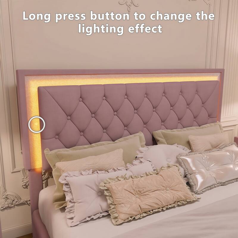 Queen Size Upholstered Bed Frame with LED Lights,Modern Velvet Platform Bed with Tufted Headboard