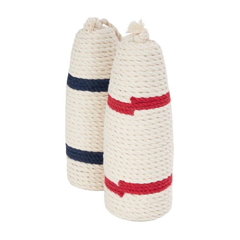 White or Brown Wood Handmade Coiled Striped Rope Buoy Sculpture with Joined Hanging Handle (Set of 2)