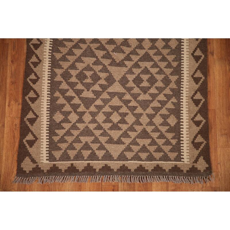Flat-weave Kilim Area Rug Reversible Brown Wool Carpet - 3'2" x 4'10"