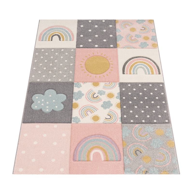 Colorful Kids Rug for Girls Room with Rainbows & Clouds in Pink