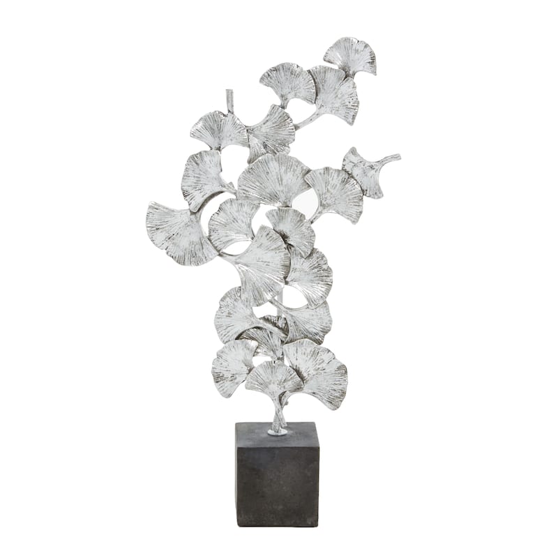 Silver Polystone Floral Decorative Sculpture with Black Block Base - 10 x 3 x 19