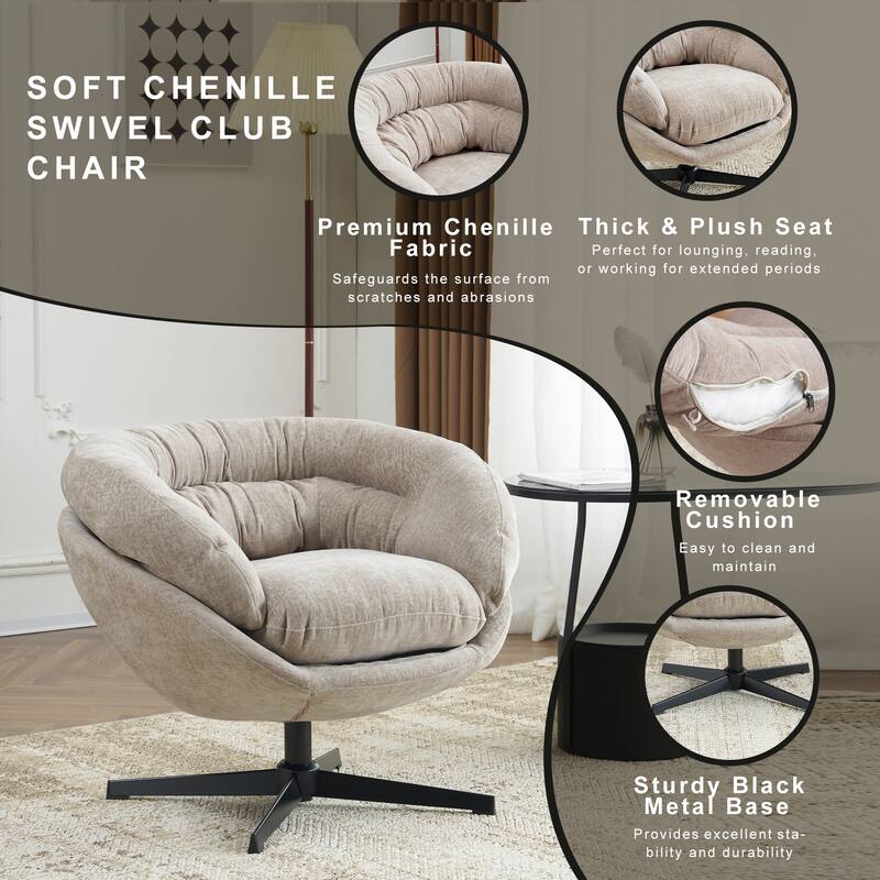 Chenille Upholstered 360° Swivel Club Chair/Accent Chair with Removable Cushion, Round Office Chair with Black Metal Base