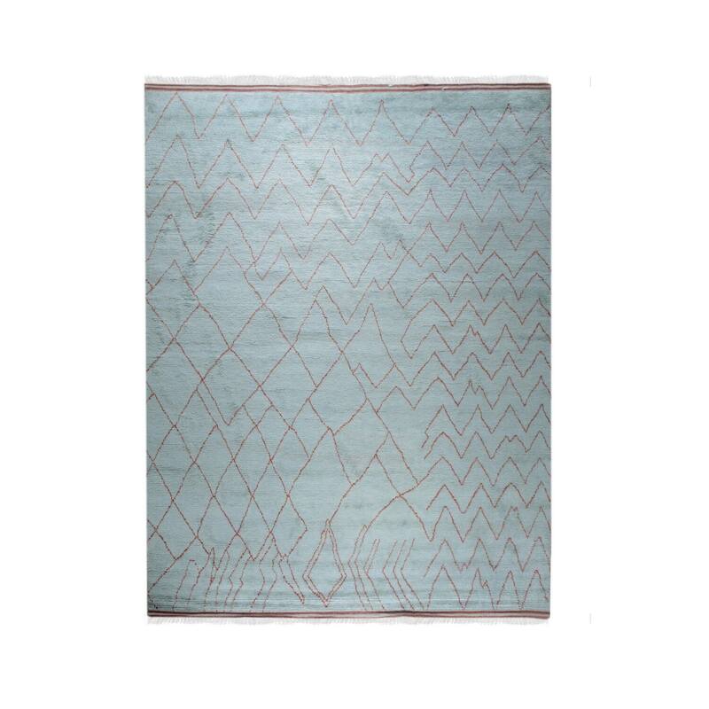 Light Blue Hand Knotted Wool Moroccan Rug, 10' x 14', plush stylish floor accent - L