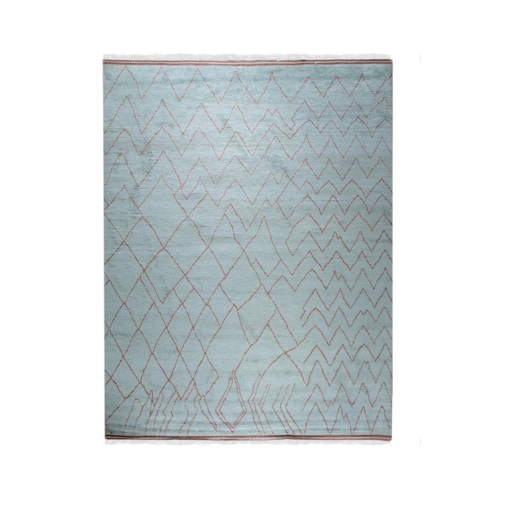Light Blue Hand Knotted Wool Moroccan Rug, 10' x 14', plush stylish floor accent - L