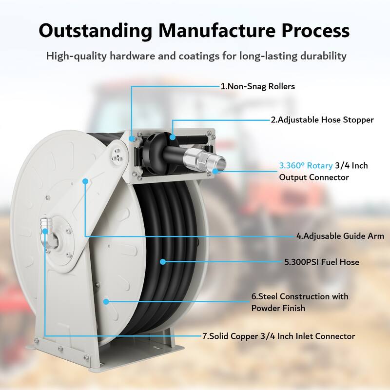 1" x 50ft Fuel Hose Reel Grey, 300PSI Diesel Fuel Transfer Hose Working with 12V Pump & Tank