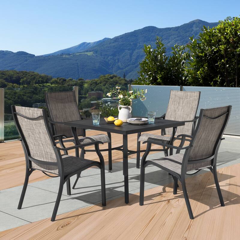 5-Piece Patio Aluminum and Textilene Dining Set with Umbrella Hole, Grayish Brown - Grayish Brown&Black