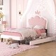 preview thumbnail 2 of 6, Twin Size Upholstered Princess Bed With Crown Headboard and 2 Drawers,Pink+White