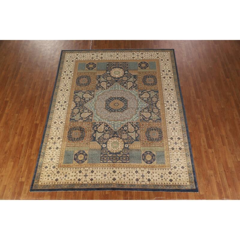 Hand Knotted Oriental 100% Wool Carpet Traditional Geometric Navy Blue & Blues Kazak Area Rug - 9' 10'' X 7' 11''