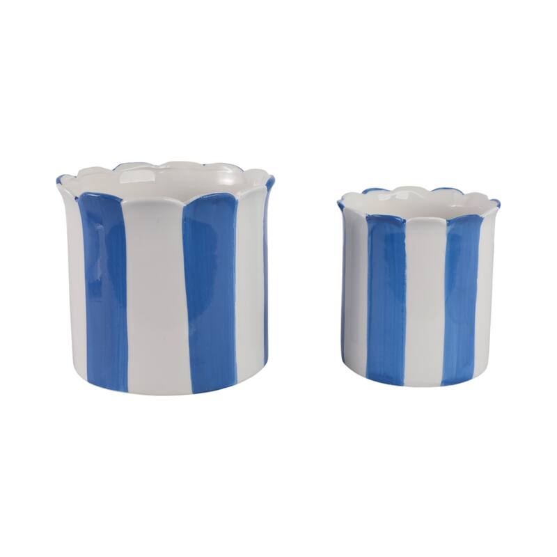 Ceramic Planter Scalloped Edge and Vertical Textured Design (Set of 2) - 8" x 8" x 7"