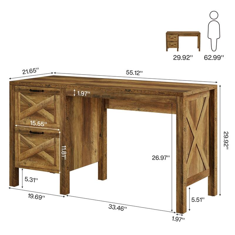 55-Inch Computer Desk with 2 Drawers, Home Office Desk with Heavy Duty Legs, Rustic Brown
