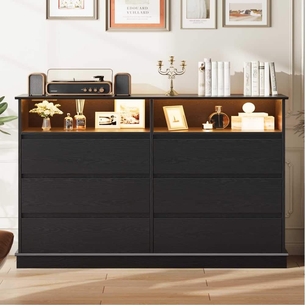 6 Drawer Dresser with LED Lights & Charging Station, Modern Chest of Drawers with Open Shelf